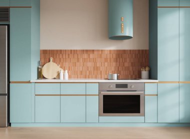 Açık mavi ev mutfağı, aşçılık alanı, ahşap zeminde buzdolabı. Mutfak gereçleri ve fırını kaputlu renkli dolap. 3B görüntüleme