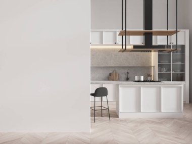 Modern mutfak iç mimarisi. Model ya da tasarım şablonu için boş bir duvar. Geniş kopya alanı olan modern ve şık tasarım. 3B Hazırlama