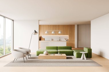 İçinde yeşil bir kanepe, şık mobilyalar ve mutfak arkaplanı olan çağdaş bir oturma odası. Modern ev tasarımı kavramı. 3B Hazırlama