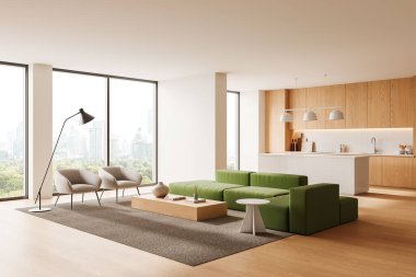 Yeşil koltuklar, zarif sandalyeler ve arka planda modern bir mutfağın olduğu şık bir oturma odası. Çağdaş tasarım kavramı. 3B Hazırlama