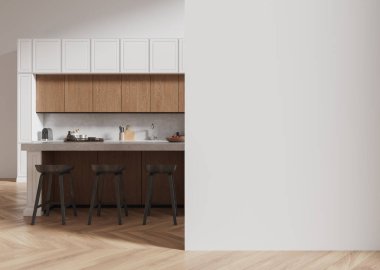 Beyaz ve ahşap mutfak iç mimarisi mutfak dolabı ve bar tezgahı, ahşap zemin üzerinde sıra sıra tabure. Uzay duvarının bölümlerini kopyala. 3B görüntüleme