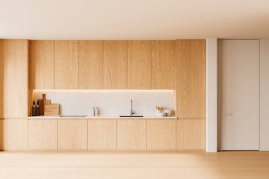 Ahşap mutfak, ahşap dolap tasarımı, mutfak gereçleri ve ahşap zeminde görünmez kapılar. Çağdaş dairede aletlerle yemek pişirme alanı. 3B görüntüleme