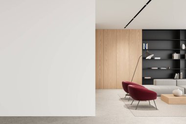 Sıcak ev oturma odası. Kırmızı koltuklar, kanepe, sehpa ve dekorasyonlu raflar. Minimalist mobilyalarla dolu bir dinlenme alanı. Boş duvar bölmesini düzenle. 3B görüntüleme