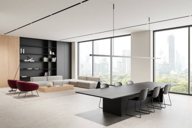 Modern mobilyaların ve büyük pencerelerin olduğu geniş bir ofis. Tarzı gösterişli ve minimalistik. Arka planda bir şehir manzarası var. 3B Hazırlama