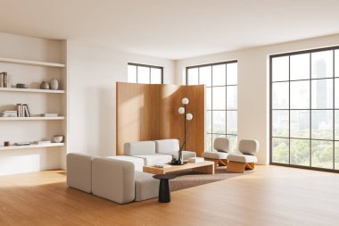 Şehir manzaralı minimalist mobilyaların bulunduğu modern oturma odası, geniş pencerelerden ahşap bir zemin ve tarafsız bir dekor sergiliyor. 3B Hazırlama