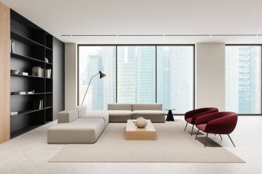 Minimalist ev oturma odasının içinde kırmızı koltuklar ve kanepe, sehpa ve süslemeli raf var. Singapur gökdelenlerinde panoramik pencereli dinlenme alanı. 3B görüntüleme