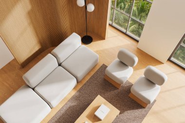 Modüler kanepe ve koltuklar, halıda ahşap sehpa, ahşap zemin. Tropik bölgelerde panoramik pencere. 3B görüntüleme