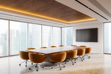 Tahta ve kahverengi sandalyelerle toplantı manzarası, duvarda TV ekranı. Singapur gökdelenlerinde panoramik pencereli şık bir konferans odası. 3B görüntüleme