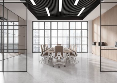 Uzun bir masa ve ergonomik sandalyelerin yer aldığı geniş bir konferans odası. Parlak bir pencere zeminine karşı kurulmuş. 3B Hazırlama