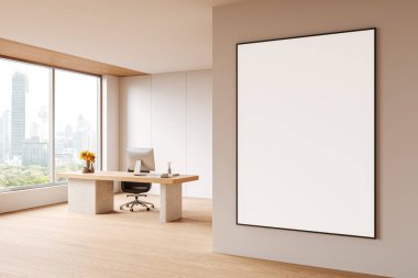 CEO 'nun iç masasının köşesi, bilgisayar, ahşap zemin. Bangkok gökdelenlerinde panoramik pencereli rahat çalışma alanı. Bölüme uzay posteri kopyala. 3B görüntüleme