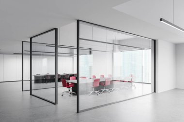 Cam konferansın köşesinde sandalye, tahta ve beton zemin var. Gri sandalyeli beyaz toplantı yeri. Şehrin gökdelenlerinin panoramik penceresi. 3B görüntüleme