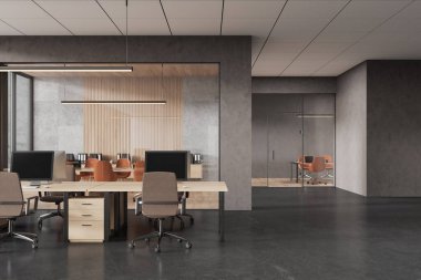 Ahşap aksanlı, modern mobilyalı ve cam bölümlü açık ofis alanı. Çalışma alanı tasarımı kavramı. 3B Hazırlama