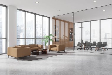 Ofis manzarası. Koltuğu ve koltuğu olan rahat bir yer. Raflı cam konferans odası. İş yerinde dinlenme ve çalışma alanları, gökdelenlerin panoramik pencereleri. 3B görüntüleme