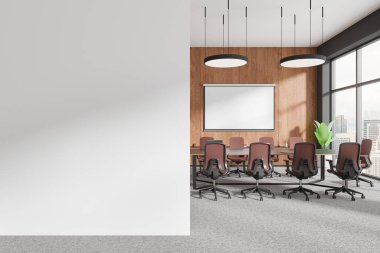 Boş beyaz duvarı, ahşap aksanı, geniş pencereleri ve çağdaş mobilyaları olan modern konferans odası. Model tasarımlar için mükemmel. 3B Hazırlama