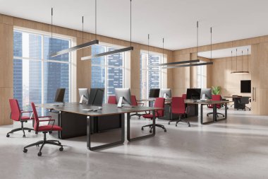 Modern mobilyaların, geniş pencerelerin ve parlak bir atmosferin olduğu geniş bir ofis. Verimlilik ve işbirliği kavramı. 3B Hazırlama