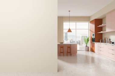 Boş bir duvarın olduğu geniş, modern bir mutfak. Model için mükemmel. Arka planda çağdaş bir tasarım konsepti sergileniyor. 3B Hazırlama