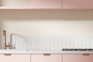 Pembe dolaplar ve tarafsız bir arkaplanda duran taş bir tezgah sergilenen gösterişli bir mutfak sahnesi. Modern tasarım kavramı. 3B Hazırlama