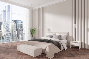 Ev yatak odası manzarası yatak odası, bank ve süslemeli komodin, ahşap zeminde bitki. New York gökdelenlerinin panoramik penceresi. 3B görüntüleme