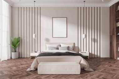 Boş bir duvar alanı, zarif mobilyalar ve rahat bir atmosferi olan geniş bir yatak odası. Tasarım ilhamı için mükemmel. 3B Hazırlama