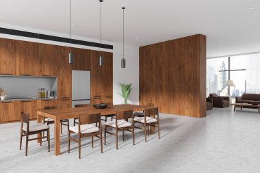 Ahşap mobilyaların, modern aletlerin ve geniş pencerelerin yer aldığı geniş bir mutfak ve yemek alanı, çağdaş tasarım kavramlarını sergiliyor. 3B Hazırlama