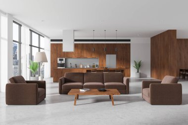 Lüks beyaz ve ahşap ev yapımı stüdyo koltuğu, kahve masalı koltuklar. Yemek dolabı ve yemek masası olan mutfak bölgesi. New York gökdelenlerinin panoramik penceresi. 3B görüntüleme