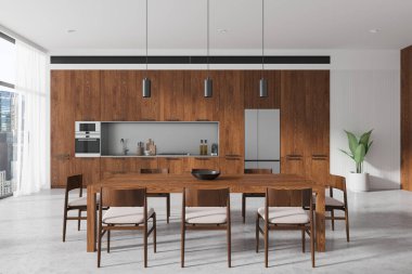 Koyu ahşap mutfak iç mekanı yemek masası, sandalyeler, dolap ve buzdolabı. New York gökdelenlerinde panoramik pencereli şık yemek alanı tasarımı. 3B görüntüleme