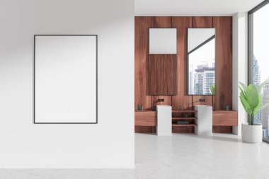 Beyaz banyo, çift lavabo, ahşap dolap, otel aksesuarları, beton zemin. Bangkok gökdelenlerinin panoramik penceresi. Bölümdeki tuval posterini taklit et. 3B görüntüleme