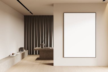 CEO taştan masa ve dekorasyon, ahşap taş raf. Samimi mobilyalı müdürün odası. Bölümdeki beyaz tahtayı kopyala. 3B görüntüleme