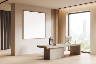 Modern bir masanın üstünde boş bir duvar posteri olan gösterişli bir ofis. Geniş pencerelerden doğal ışık geçen çağdaş bir tarz. 3B Hazırlama