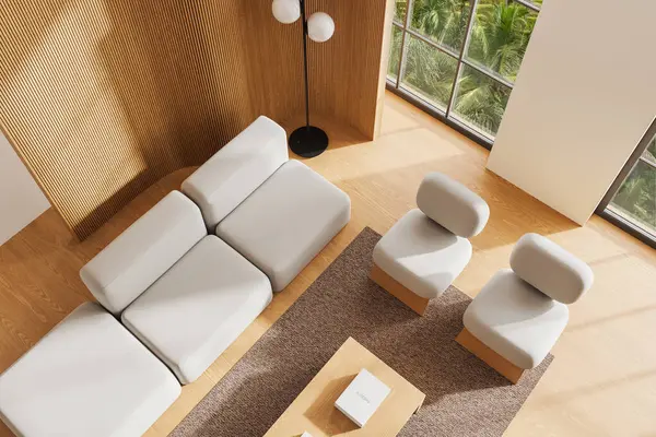 Modüler kanepe ve koltuklar, halıda ahşap sehpa, ahşap zemin. Tropik bölgelerde panoramik pencere. 3B görüntüleme