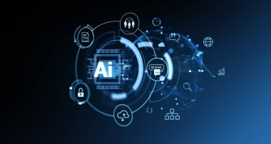 Konuşma balonu ve göstergeleri olan parlayan yapay zeka hologramı, sohbet botu veya robot sohbeti ve çevrimiçi yardım masası. Makine öğrenme kavramı. 3B resimleme