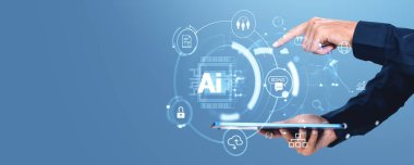 Tablet üzerindeki dijital yapay zeka simgeleriyle etkileşim halinde olan bir el, mavi arkaplan üzerine kurulmuş teknoloji kavramları sergiliyor.
