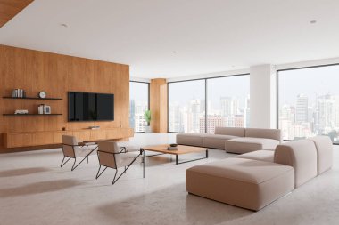 Minimalist mobilyaların, geniş pencerelerin ve şehir manzarasının olduğu geniş bir oturma odası. Çağdaş yaşam tarzı kavramı. 3B Hazırlama