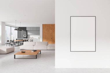 Stüdyo içi kanepe ve mutfak gereçleriyle dolu mutfak dolabı. Minimalist mobilyaları olan modern bir daire. Gökdelenlerin panoramik penceresi. Boş tuval posteri. 3B görüntüleme