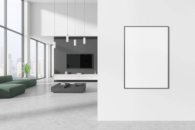 Yeşil kanepe, kahve masası, televizyon ekranı ve sanat dekorasyonlu büfe ile ev içi oturma odası. Gökdelenlerde rahatlama alanı ve panoramik pencere. Duvara çadır bezi posteri asın. 3B görüntüleme