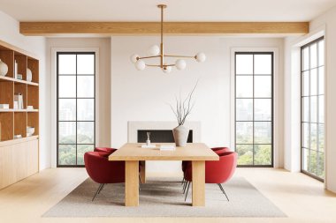 Açık renkli oturma odası yemek masası ve kırmızı sandalyeler, raf ve dekorasyonlu dinlenme alanı, şömine ve Bangkok gökdelenlerinde panoramik pencere. 3B görüntüleme