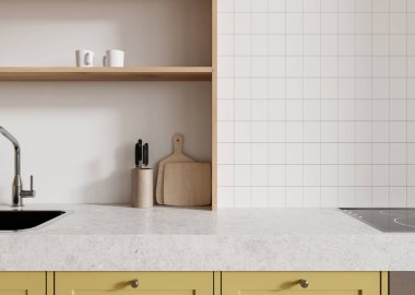 Lavabosu, kesme tahtaları ve rafları olan minimalist mutfak tezgahı. Nötr renk tonları ve fayanslı duvarlar. Temiz ve basit yerleşim konsepti. 3B Hazırlama.