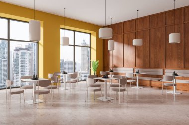 Kafe manzarası, sandalyeler ve kanepe, aydınlık beton zeminde masalar. Bangkok gökdelenlerinde panoramik pencereli yemek odası. 3B görüntüleme