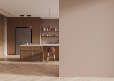 Modern bir mutfakta boş bej duvar modeli ahşap dolaplar, bar taburesi ve kolye ışıkları. İç dizayn konsepti için ahşap zemin. 3B Hazırlama