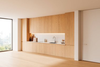 Parlak ahşap dolapların, lavabonun ve modern aletlerin olduğu geniş bir mutfak. Aydınlık bir arkaplanda parlak, temiz bir estetik. 3B Hazırlama