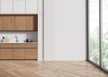 Beyaz ve ahşap mutfak, mutfak dolabı, mutfak gereçleri, ahşap zemin. Panoramik pencere ve kopya uzay duvarı. 3B görüntüleme
