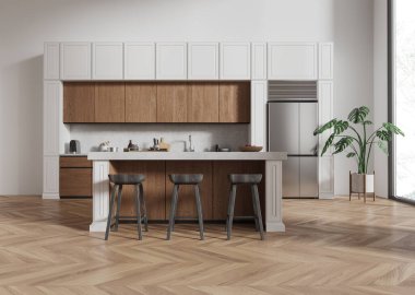 Ahşap bir zeminde minimalist tarzı olan ahşap dolaplar ve bar tabureleri olan ferah bir mutfak. Modern yaşam kavramı. 3B Hazırlama