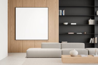 Boş bir duvar iskeleti, modern mobilyalar, açık renkler ve minimalist tasarımın yer aldığı bir oturma odası sahnesi. 3B Hazırlama