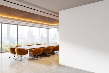 Yönetim kurulu ve kahverengi sandalyelerle toplantı manzarası. Singapur gökdelenlerinde panoramik penceresi olan minimalist konferans odası. Boş duvar bölmesini düzenle. 3B görüntüleme