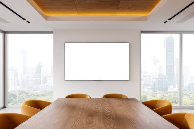 İçi kahverengi sandalyelerle dolu samimi bir konferans, duvarda da bir televizyon görüntüsü. Bangkok gökdelenlerinde panoramik pencereli samimi bir konferans ya da müzakere alanı. 3B görüntüleme