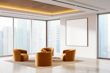 Şık turuncu sandalyeler ve panoramik şehir manzarasına karşı kurulmuş yuvarlak bir masa içeren modern bir ofis salonu. 3B Hazırlama