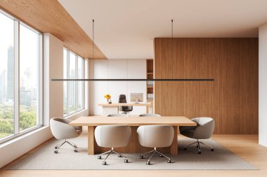 Şık ofis içi toplantı alanı, yönetim kurulu ve sandalyeler, bilgisayarlı çalışma masası. Bangkok gökdelenlerinde panoramik penceresi olan şık bir danışma odası. 3B görüntüleme