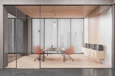 Geniş bir masa, ergonomik sandalyeler ve çağdaş dekorun bulunduğu şık bir toplantı odası. Minimalist tasarım, şehir geçmişi. 3B Hazırlama