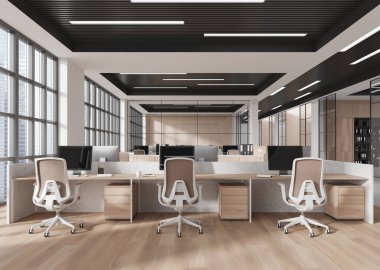 Şık masalar ve ergonomik sandalyelerin yer aldığı geniş bir ofis, parlak doğal ışık, üretkenliği vurguluyor. 3B Hazırlama