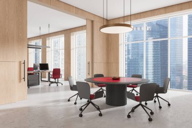 Yuvarlak bir toplantı masası ve ergonomik sandalyelerin yer aldığı, geniş pencereli ve şehir manzaralı çağdaş bir ofis. 3B Hazırlama